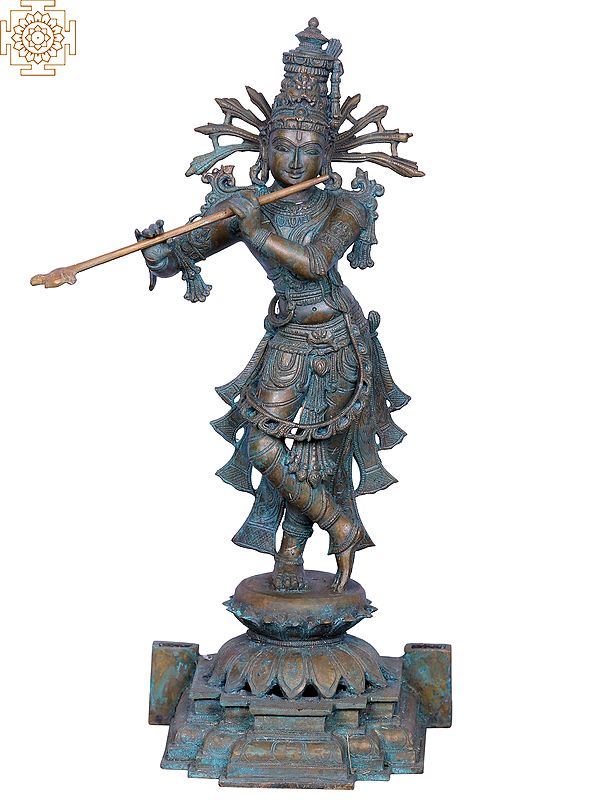 22'' Hindu God Krishna Dwarkadhish Playing Flute | Bronze
