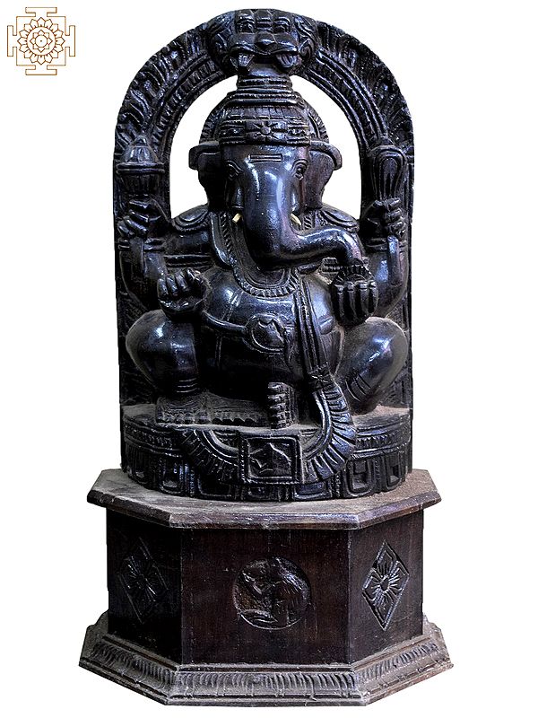 17" Sitting Chaturbhuja Lord Ganesha Idol with Kirtimukha | Wooden Statue