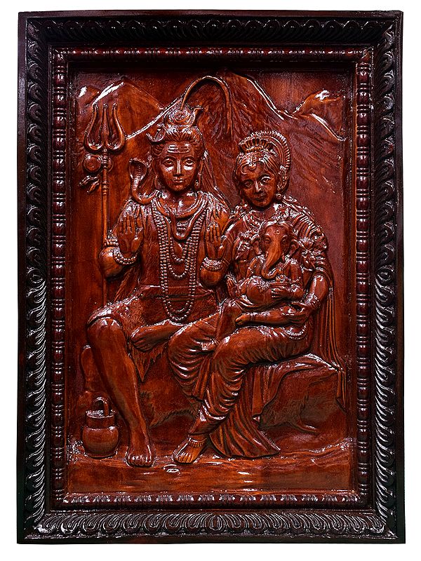 25'' Shiva Parvati With Ganesha | Wooden Frame