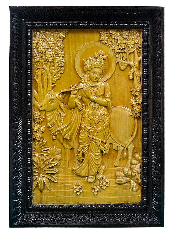 23'' Lord Krishna Dwarkadhish Playing Flute | Wooden Frame