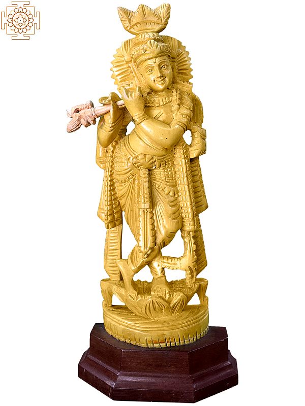 11'' Krishna Playing Flute On Pedestal | Wooden Statue