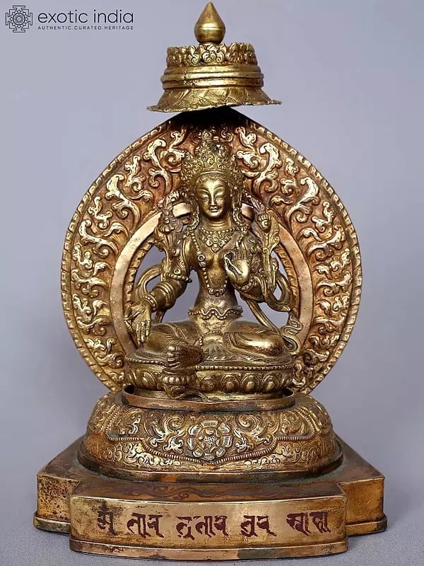 10'' Goddess Green Tara Idol from Nepal seated on Royal Throne | Copper with Gold