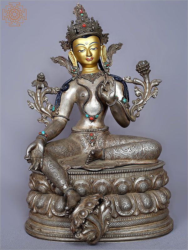 13'' Goddess Green Tara With Stone Work From Nepal | Silver Statue
