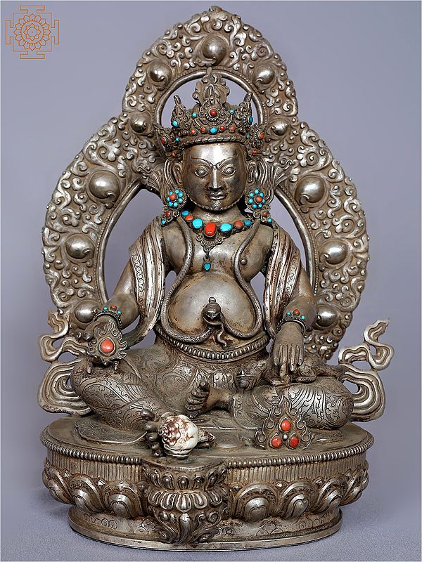 12'' God Kubera Silver Statue with Stone Work from Nepal