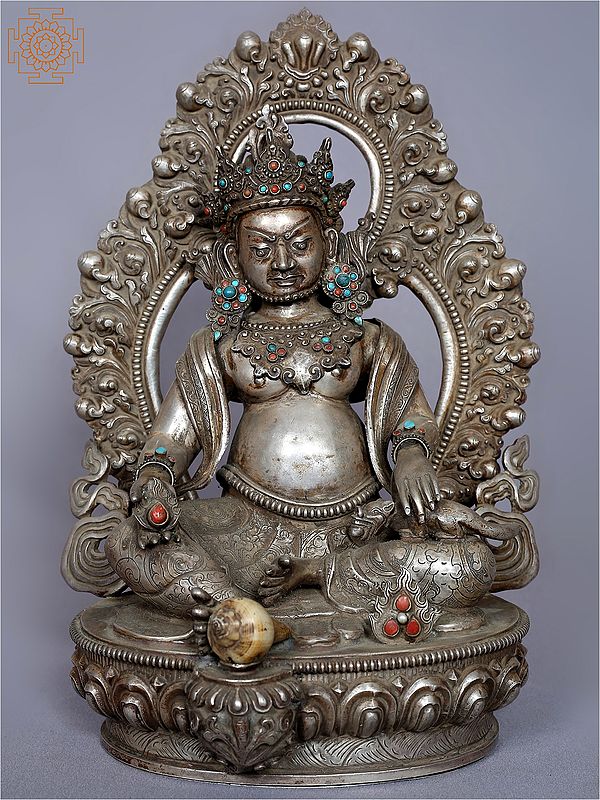 12'' God of Wealth Kubera Idol with Stone Work from Nepal | Silver Statue