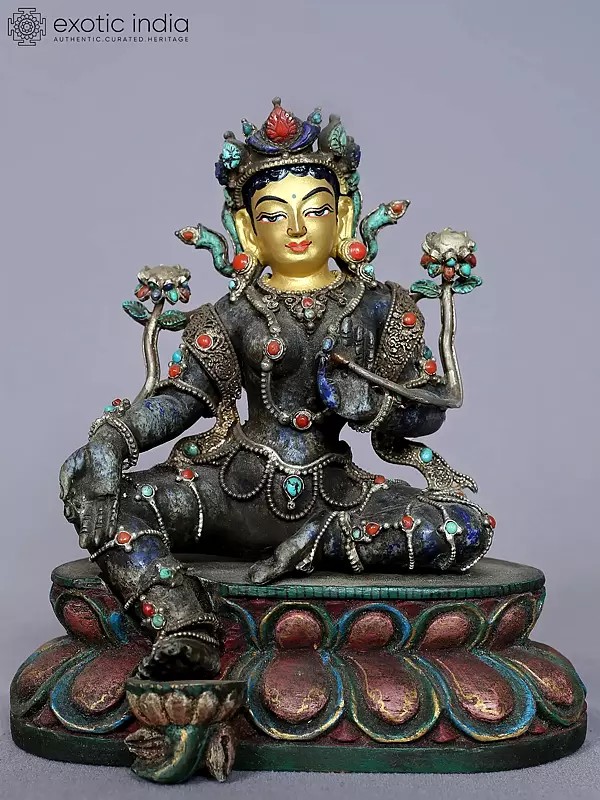 Buddhist Deity Green Tara With Stone Work From Nepal | Stone With Silver
