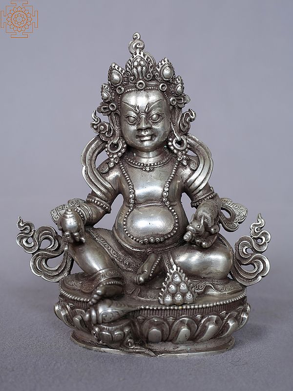 5'' Crowned Kubera Silver Statue Seated on Base