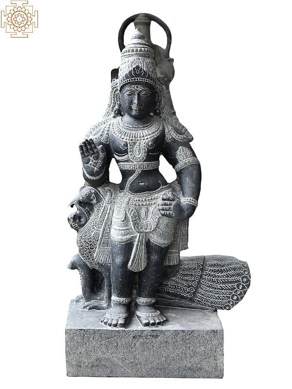 29'' Hindu Deity Murugan (Kartikeya) With Vahana Peacock | Granite Stone Statue