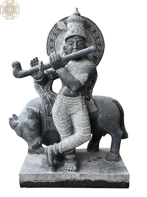 23'' Finely Carved Krishna Playing Flute With Cow | Granite Stone Statue