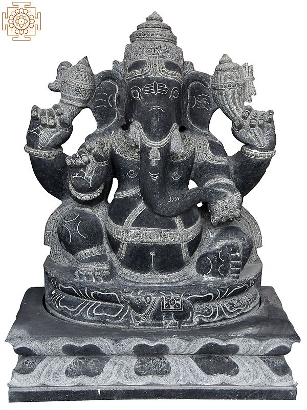 23'' Finely Carved Four-Handed Ganesha Seated With Mushak | Granite Stone Statue