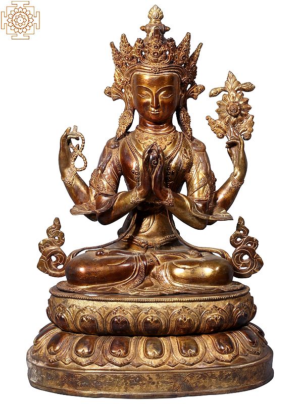 27'' Four Hand Chenrezig in Meditation | Copper Statue from Nepal