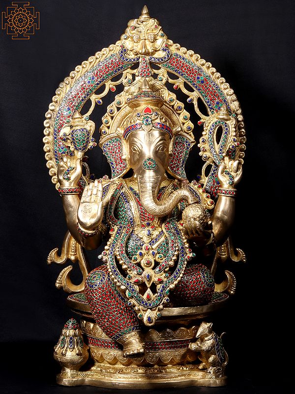 26'' Four Hand Ganesha Seated On Throne | Fine Stone Work