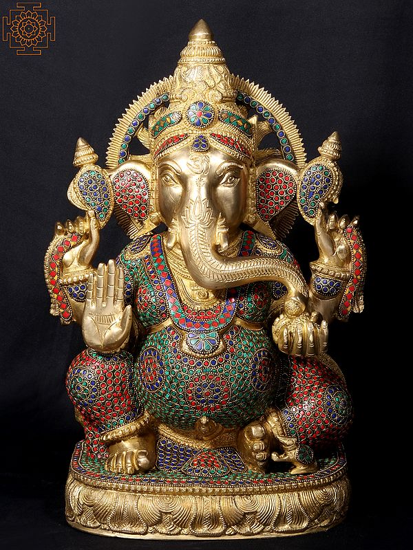 18'' Hindu God Ganesha On Oval Base | Fine Stone Work