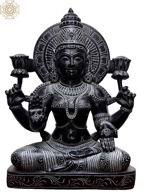 15'' Hindu Goddess Four Hand Lakshmi With Lotus | Kadappa Stone
