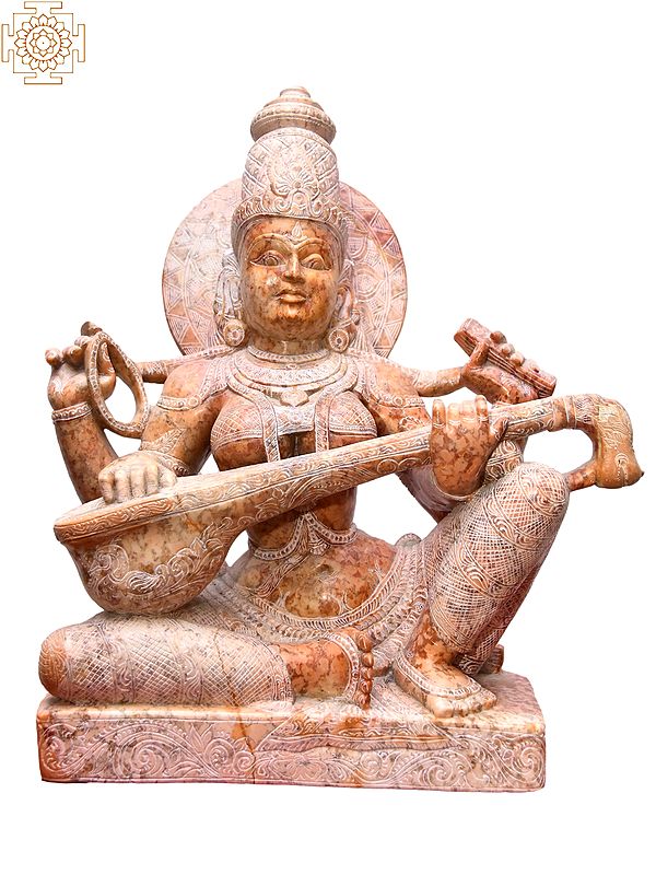 13'' Magnificent Goddess Saraswati Playing Veena | Stone Statue