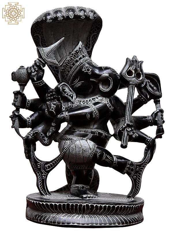 9'' Exquisite Ten-Hands Ganesha Dancing | Kadappa Stone