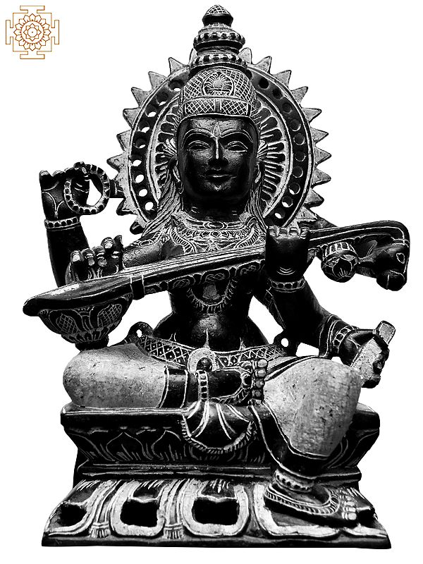 7'' Goddess Saraswati Playing Veena On Pedestal | Kadappa Stone