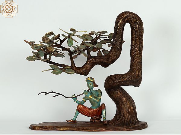 18" Lord Krishna Playing Flute Under The Tree | Original Bronze Sculpture
