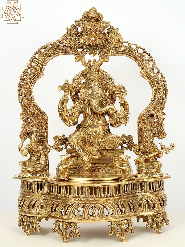 22" Superfine Brass Lord Ganapati Seated on Kirtimukha Throne with Goddess Lakshmi and Goddess Saraswati