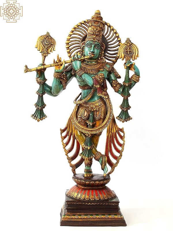 31" Large Brass Colorful Standing Lord Venugopal (Krishna) Playing Flute