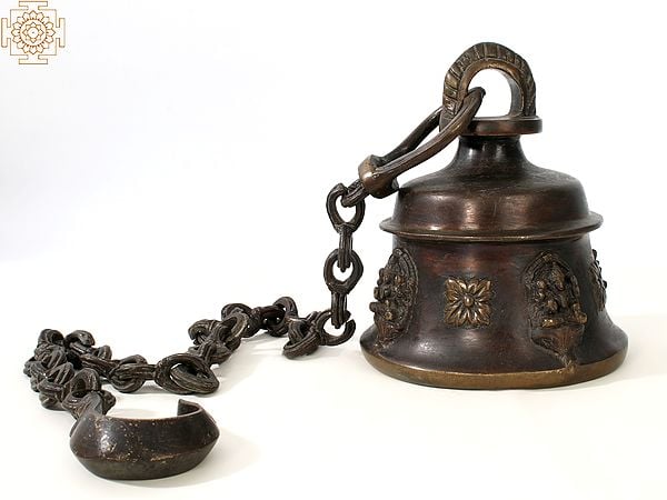 9" Goddess Lakshmi Design Hanging Bell in Brass