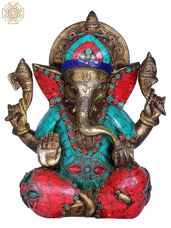 8'' Hindu God Ganesha With Inlay Work | Bronze and Stone
