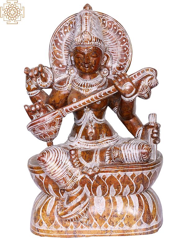 10" Gooddess Saraswati Seated on Lotus with Veena