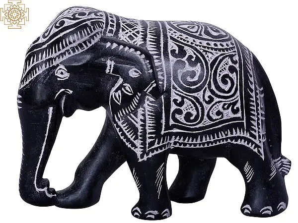 Black Stone Elephant Statue with White Engravings