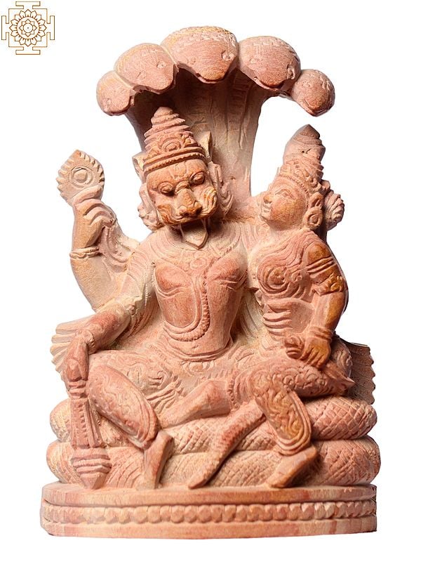 4" Small God Narasimha Pink Stone Idol with Goddess Lakshmi