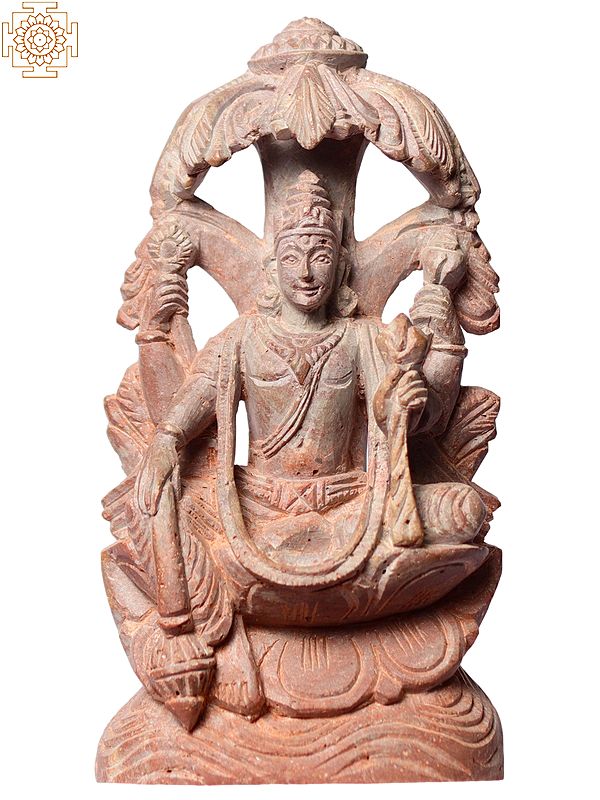 4" Chaturbhuja Lord Narayana Seated in Lalitasana - Pink Stone Statue