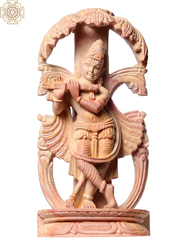 4" Small God Shri Krishna Statue Playing Flute In Pink Stone