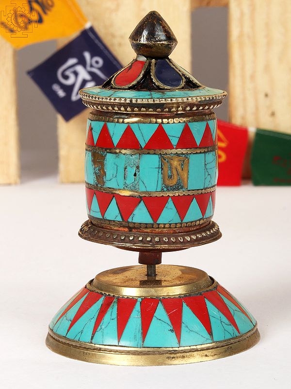 4" Small Spinning Tibetan Buddhist Prayer Wheel with Inlay Work | Made in Nepal