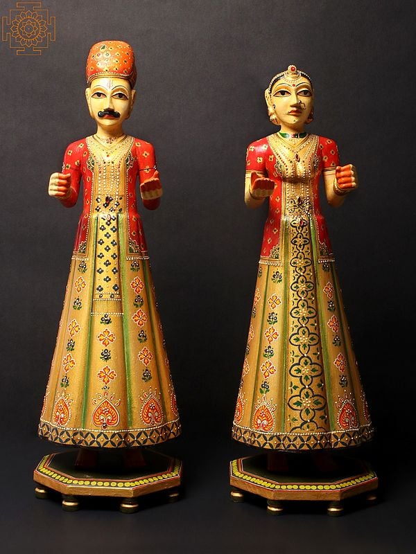 19" Wooden Handpainted Pair of Gangaur Dolls