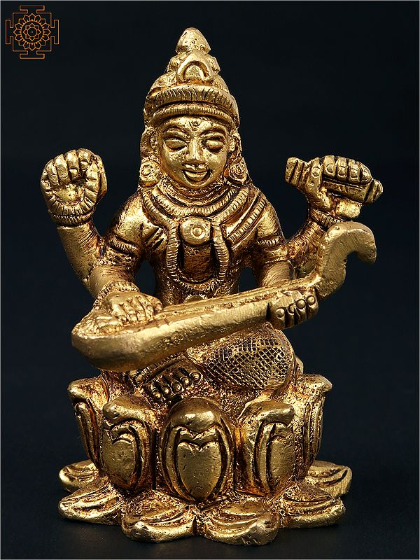 3'' Small Goddess Saraswati Seated On Lotus | Brass Statue