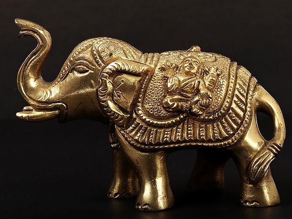 4'' Brass Elephant With Lakshmi Ganesha Engraved