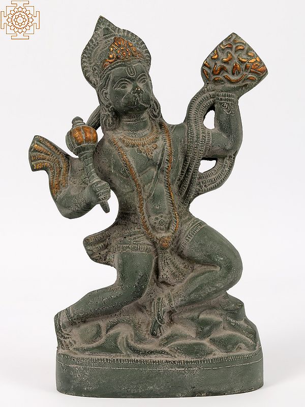 9'' God Of Strength Hanuman Carrying Sanjeevani | Brass | Green Patina