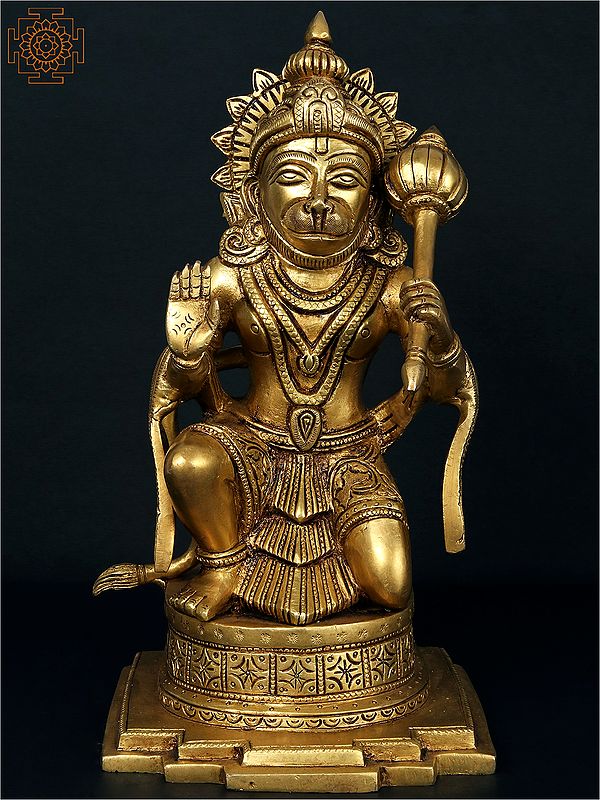 10'' Blessing Lord Hanuman Statue with Mace | Brass Sculpture