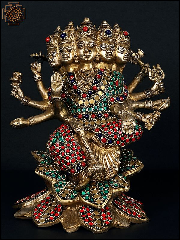 8'' Goddess Gayatri Seated On Lotus With Inlay Work | Brass