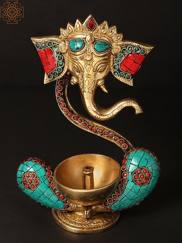 8'' Stylised Ganesha Lamp (Diya) | Brass With Inlay Work