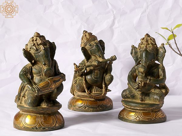 8" Green and Gold Musical Ganeshas in Brass (Set of Three)