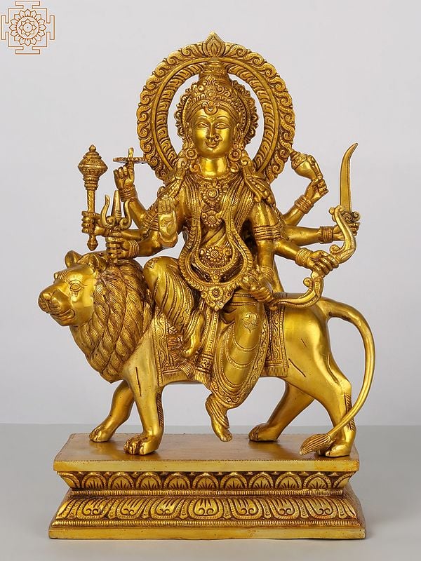 17'' Goddess Eight-Handed Durga Seated On Lion | Brass