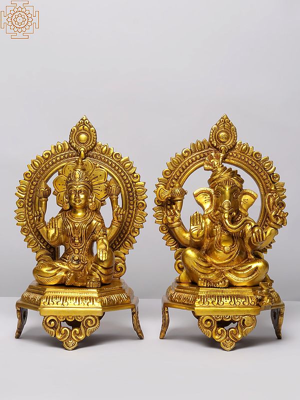 11" Brass Pair of Ganesha - Lakshmi Seated on Throne