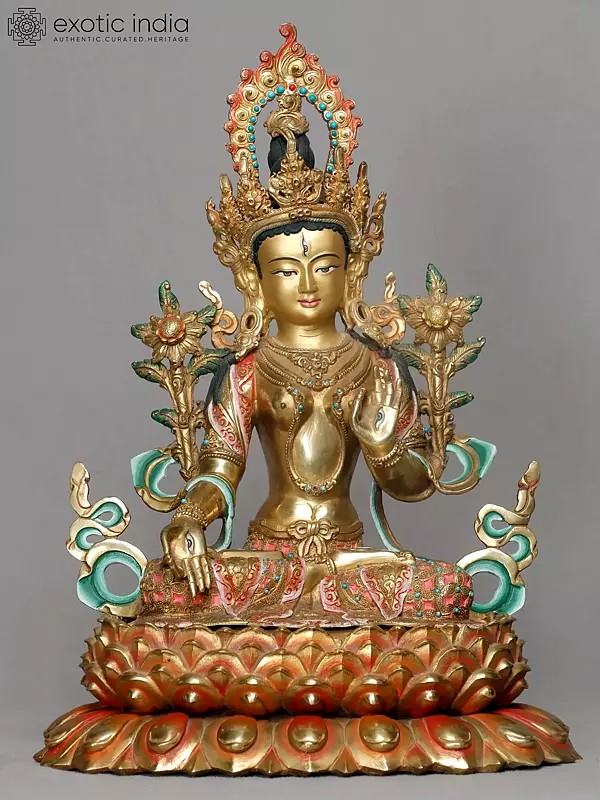 15" Copper White Tara Idol from Nepal | Copper with Gold