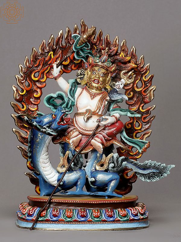 9" Dragon-Riding White Jambhala Idol | Copper Statue from Nepal