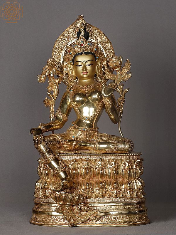 15" Goddess Green Tara Copper Idol | Buddhist Deity Gilded Copper Statue