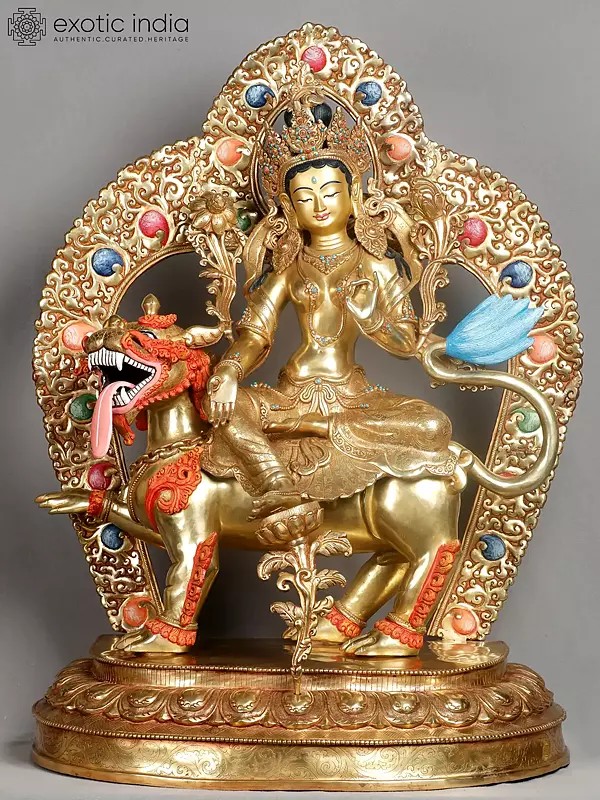 29" Stunning Goddess Green Tara Riding a Snow Lion | Copper With 24K Gilded Gold