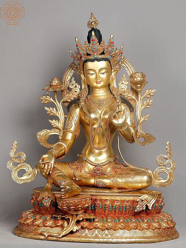 29" Goddess Green Tara Copper Idol | Tibetan Buddhist Deity Statue
