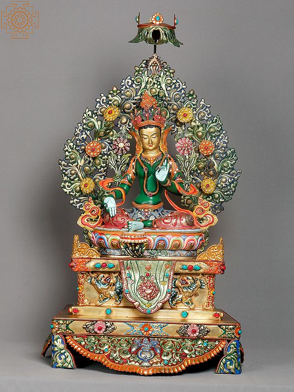 28" Goddess Green Tara Seated on Ornament Throne | Handmade In Nepal | Copper With 24K Gilded Gold