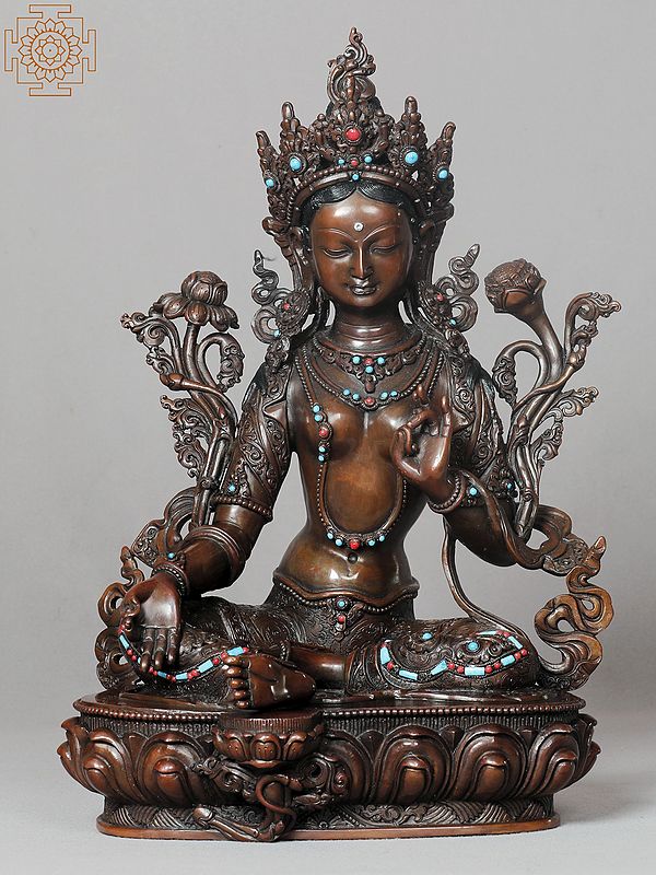 13" Goddess Green Tara Idol | Tibetan Buddhist Deity Gilded Copper Statue