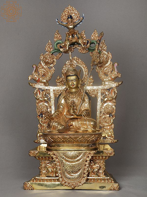 17" Guru Padmasambhava Seated on Ornament Throne | Copper Statue from Nepal